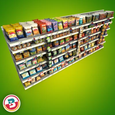 3D Model of Grocery shelves stocked with low poly snack products - 3D Render 1